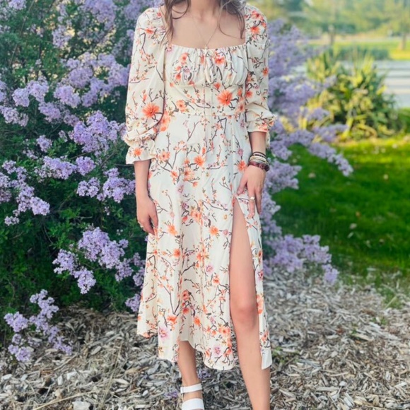 Boho Floral Print Puff Sleeve Split Thigh Cottagecore Dress - Picture 1 of 14